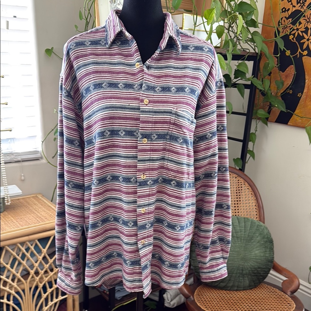 Vintage Men’s Blueprint Blue & Purple Diamond Pattern Button Up Flannel Shirt